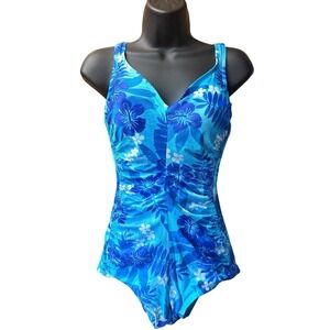 Vintage Maxine of Hollywood Swimsuit 14 Blue Floral One Piece Bullet Bra Ruched